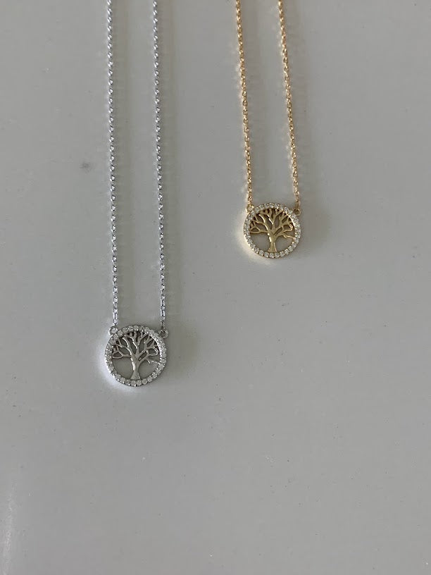 Tree of Life with CZ, Dainty Tree of Life Necklace, Tree Necklace, Sterling Silver Necklace, Attached Pendant Necklace