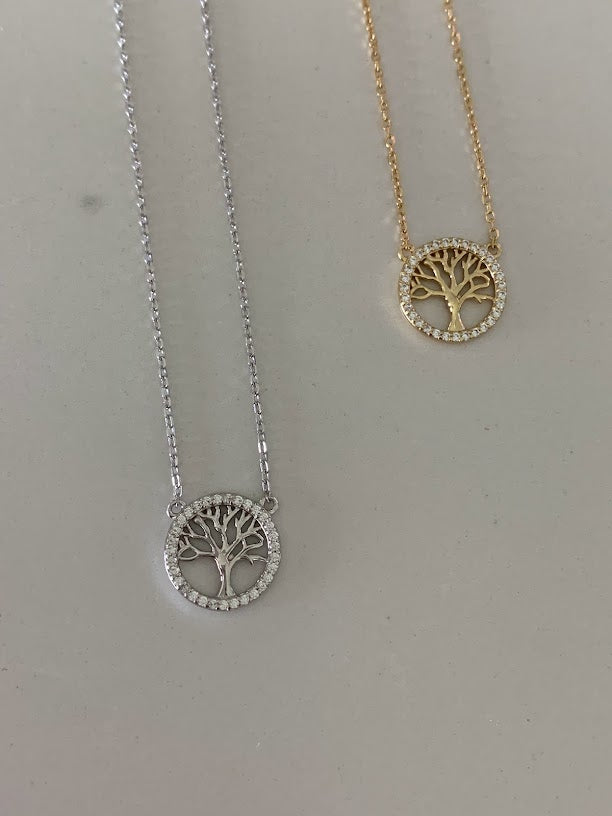 Tree of Life with CZ, Dainty Tree of Life Necklace, Tree Necklace, Sterling Silver Necklace, Attached Pendant Necklace