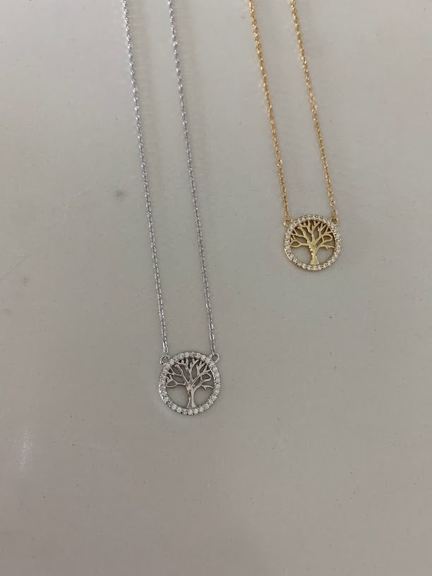 Tree of Life with CZ, Dainty Tree of Life Necklace, Tree Necklace, Sterling Silver Necklace, Attached Pendant Necklace