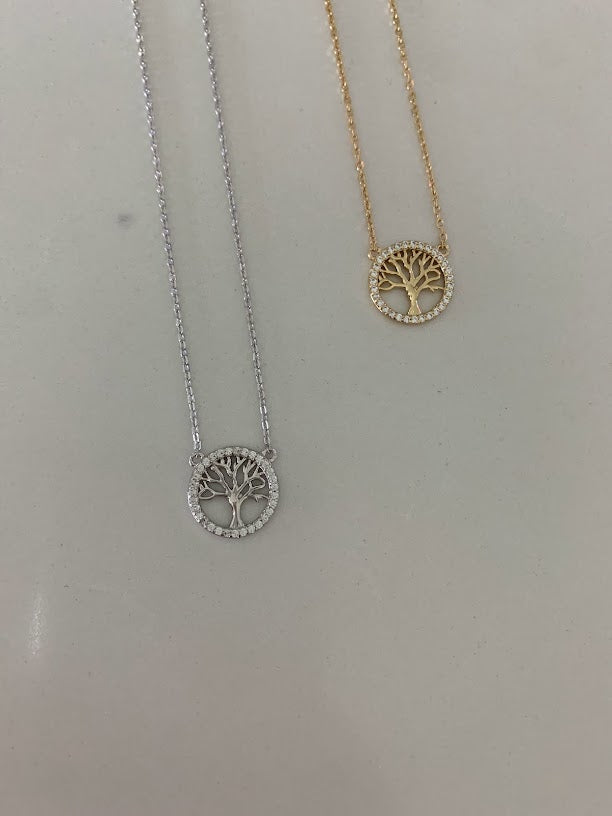 Tree of Life with CZ, Dainty Tree of Life Necklace, Tree Necklace, Sterling Silver Necklace, Attached Pendant Necklace