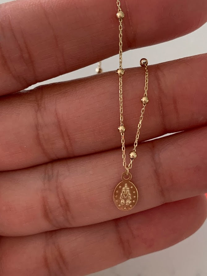 14K Gold Virgin of the Miraculous Medal Beaded Necklace | Genuine Gold | Dainty and Delicate Religious Necklace
