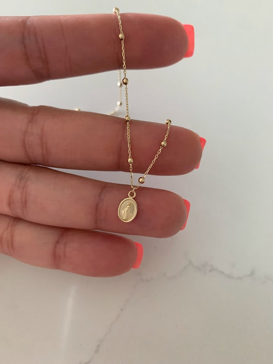 14K Gold Virgin of the Miraculous Medal Beaded Necklace | Genuine Gold | Dainty and Delicate Religious Necklace