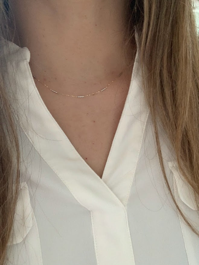 14K Gold Two Tone Chain | Dainty White and Gold Choker | 16-18" Multicolor Statement Choker | Sparkly Satellite Chain | Rectangular Link