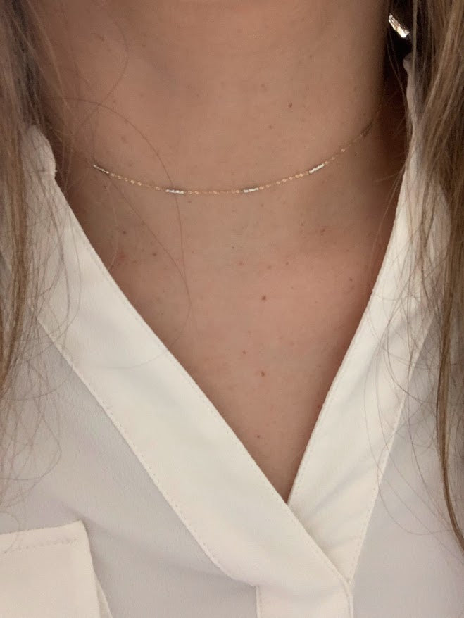 14K Gold Two Tone Chain | Dainty White and Gold Choker | 16-18" Multicolor Statement Choker | Sparkly Satellite Chain | Rectangular Link