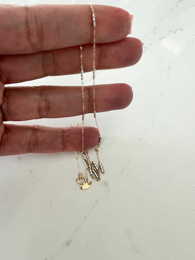 14K Gold Two Tone Chain | Dainty White and Gold Choker | 16-18" Multicolor Statement Choker | Sparkly Satellite Chain | Rectangular Link