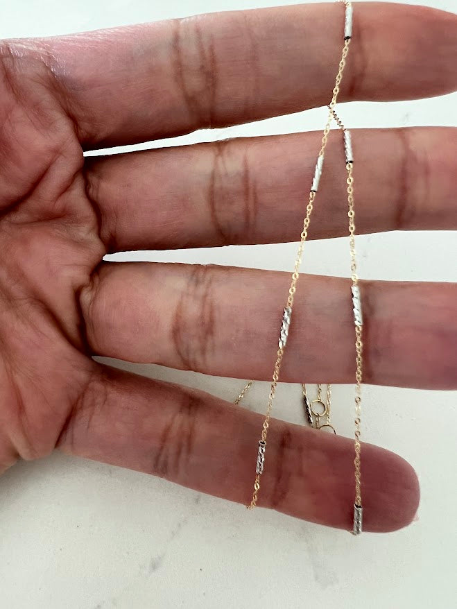 14K Gold Two Tone Chain | Dainty White and Gold Choker | 16-18" Multicolor Statement Choker | Sparkly Satellite Chain | Rectangular Link