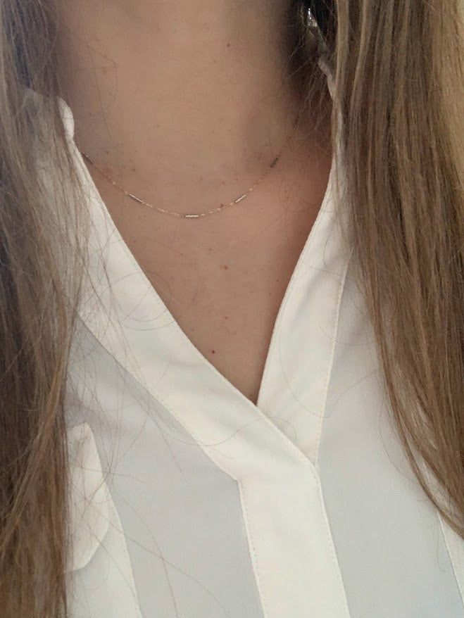 14K Gold Two Tone Chain | Dainty White and Gold Choker | 16-18" Multicolor Statement Choker | Sparkly Satellite Chain | Rectangular Link