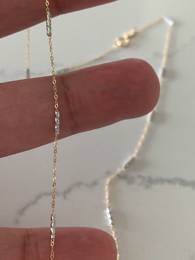 14K Gold Two Tone Chain | Dainty White and Gold Choker | 16-18" Multicolor Statement Choker | Sparkly Satellite Chain | Rectangular Link