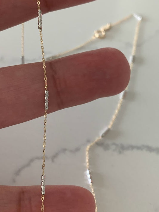 14K Gold Two Tone Chain | Dainty White and Gold Choker | 16-18" Multicolor Statement Choker | Sparkly Satellite Chain | Rectangular Link