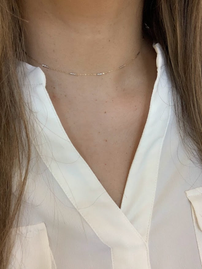 14K Gold Two Tone Chain | Dainty White and Gold Choker | 16-18" Multicolor Statement Choker | Sparkly Satellite Chain | Rectangular Link