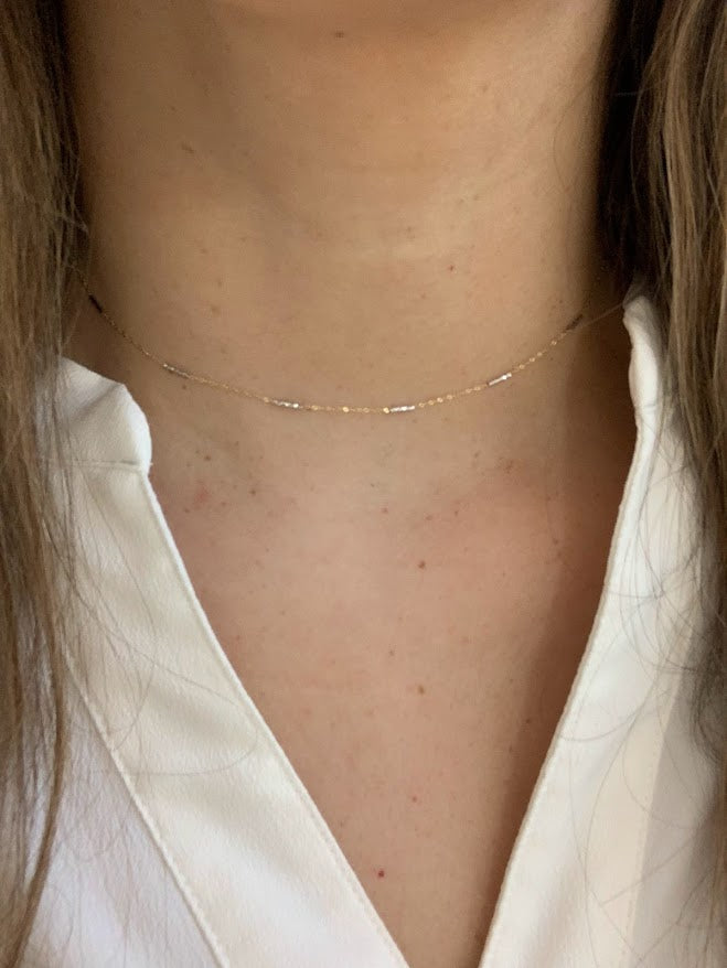 14K Gold Two Tone Chain | Dainty White and Gold Choker | 16-18" Multicolor Statement Choker | Sparkly Satellite Chain | Rectangular Link