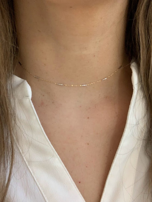 14K Gold Two Tone Chain | Dainty White and Gold Choker | 16-18" Multicolor Statement Choker | Sparkly Satellite Chain | Rectangular Link
