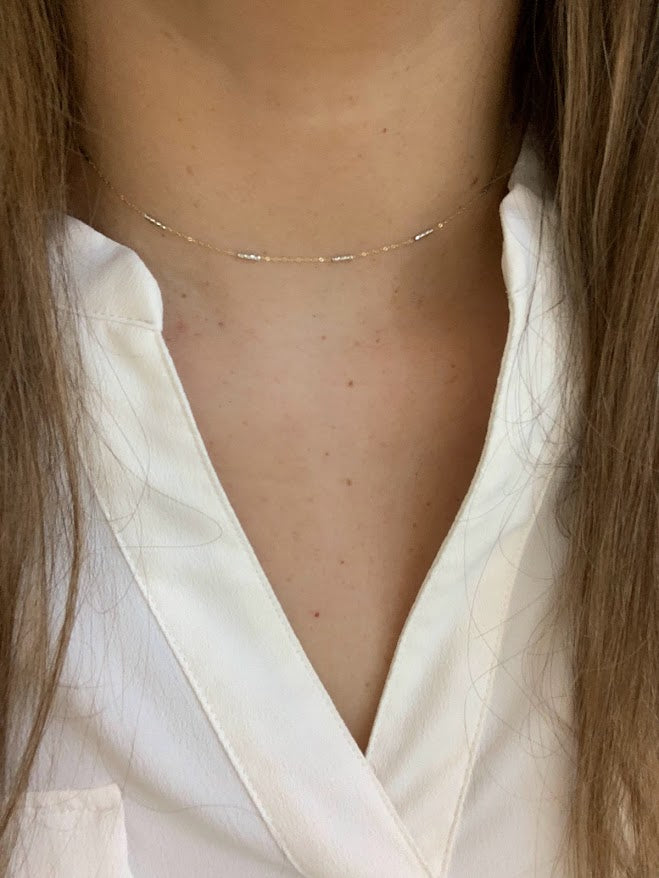 14K Gold Two Tone Chain | Dainty White and Gold Choker | 16-18" Multicolor Statement Choker | Sparkly Satellite Chain | Rectangular Link