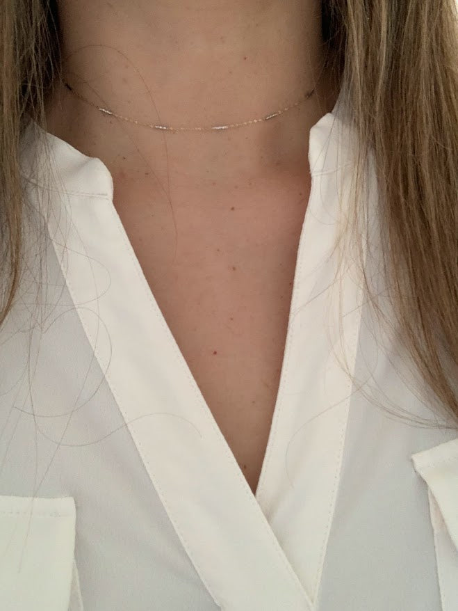 14K Gold Two Tone Chain | Dainty White and Gold Choker | 16-18" Multicolor Statement Choker | Sparkly Satellite Chain | Rectangular Link