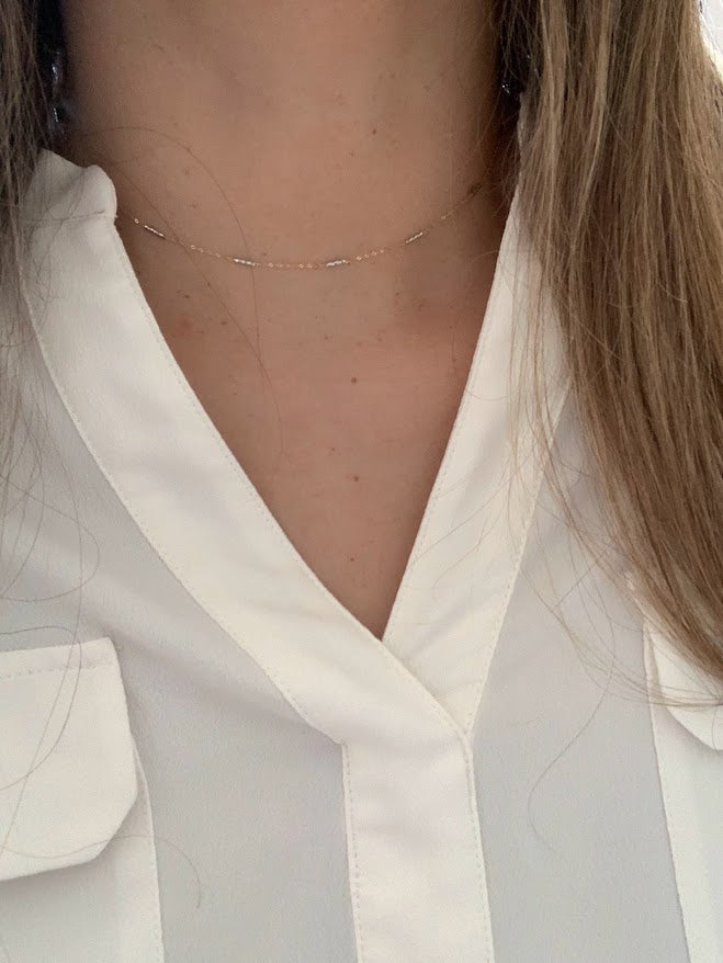 14K Gold Two Tone Chain | Dainty White and Gold Choker | 16-18" Multicolor Statement Choker | Sparkly Satellite Chain | Rectangular Link