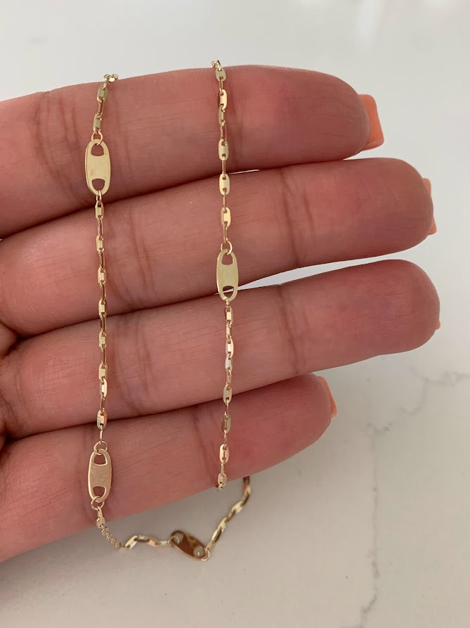 14K Solid Gold Sparkle Mirror Chain Necklace with Mariner Links, 14K Real Gold Elegant Simple Mirror Chain Necklace, 14K Gold Sequin Chain
