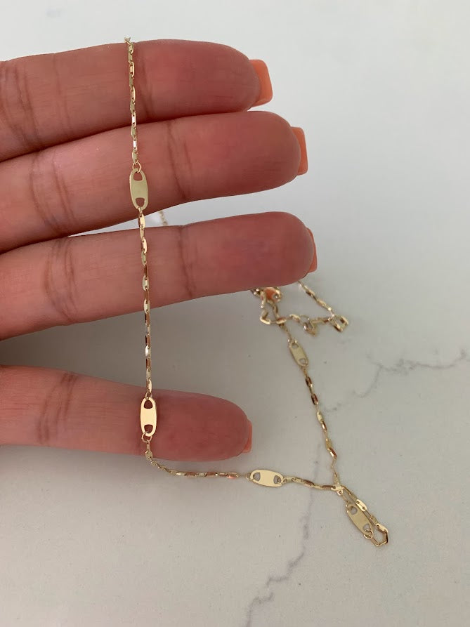 14K Solid Gold Sparkle Mirror Chain Necklace with Mariner Links, 14K Real Gold Elegant Simple Mirror Chain Necklace, 14K Gold Sequin Chain