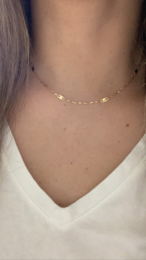 14K Solid Gold Sparkle Mirror Chain Necklace with Mariner Links, 14K Real Gold Elegant Simple Mirror Chain Necklace, 14K Gold Sequin Chain