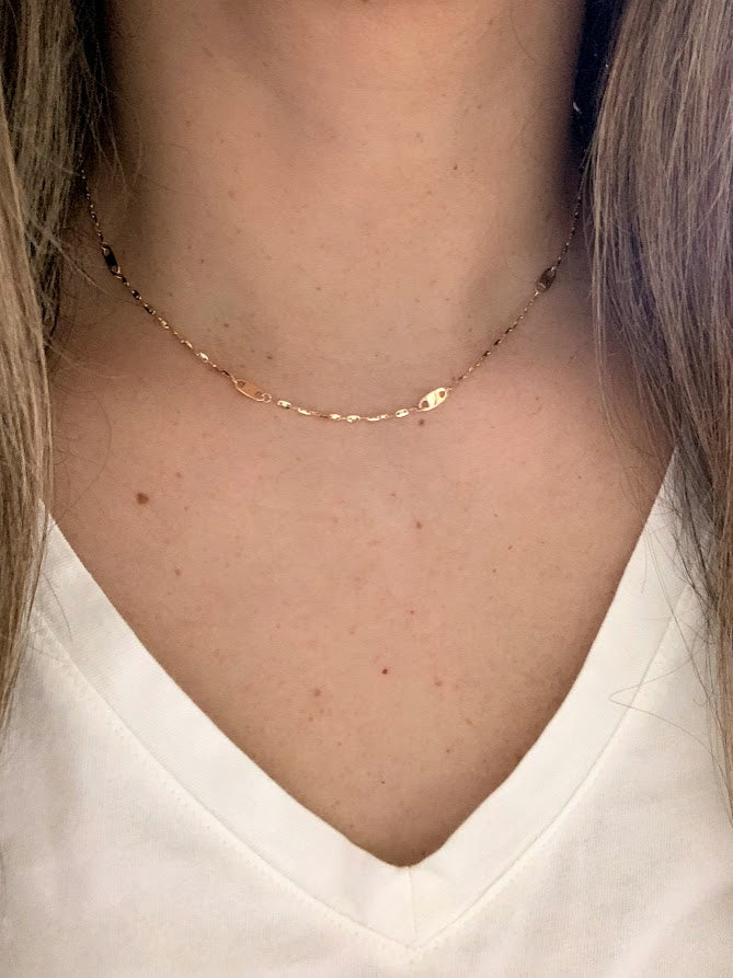 14K Solid Gold Sparkle Mirror Chain Necklace with Mariner Links, 14K Real Gold Elegant Simple Mirror Chain Necklace, 14K Gold Sequin Chain