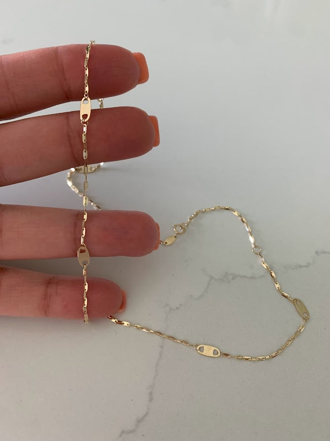14K Solid Gold Sparkle Mirror Chain Necklace with Mariner Links, 14K Real Gold Elegant Simple Mirror Chain Necklace, 14K Gold Sequin Chain