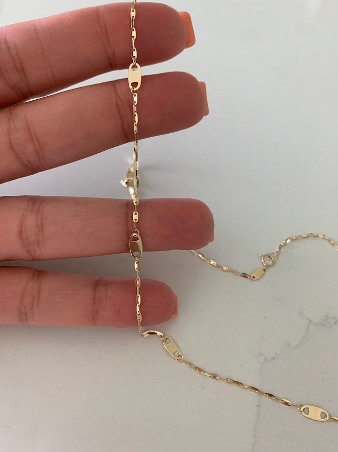 14K Solid Gold Sparkle Mirror Chain Necklace with Mariner Links, 14K Real Gold Elegant Simple Mirror Chain Necklace, 14K Gold Sequin Chain