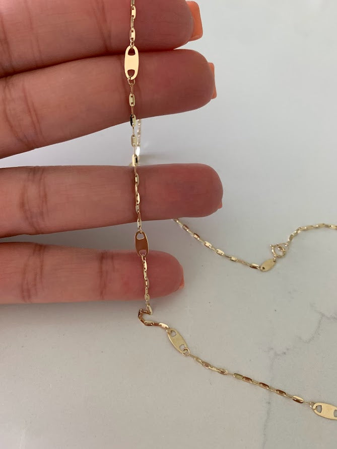 14K Solid Gold Sparkle Mirror Chain Necklace with Mariner Links, 14K Real Gold Elegant Simple Mirror Chain Necklace, 14K Gold Sequin Chain