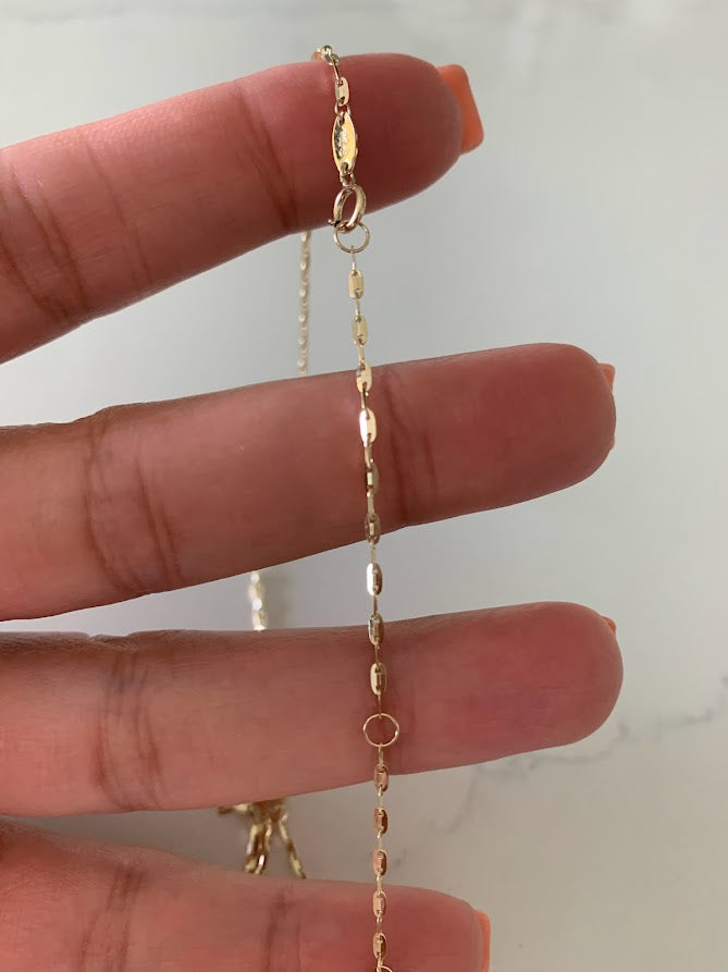 14K Solid Gold Sparkle Mirror Chain Necklace with Mariner Links, 14K Real Gold Elegant Simple Mirror Chain Necklace, 14K Gold Sequin Chain