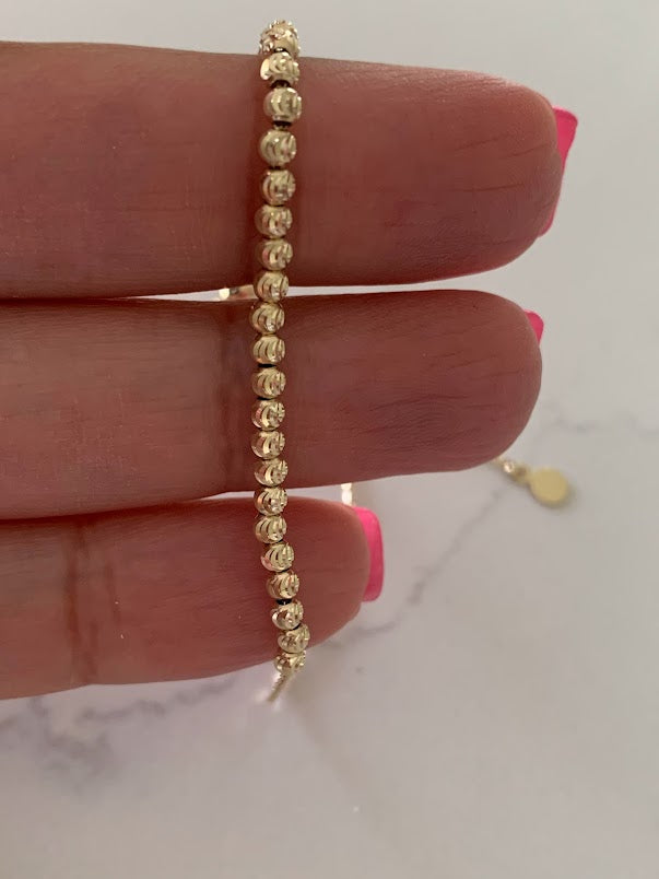 14K 2MM Beaded Bracelet, Diamond Cut Beads, adjustable