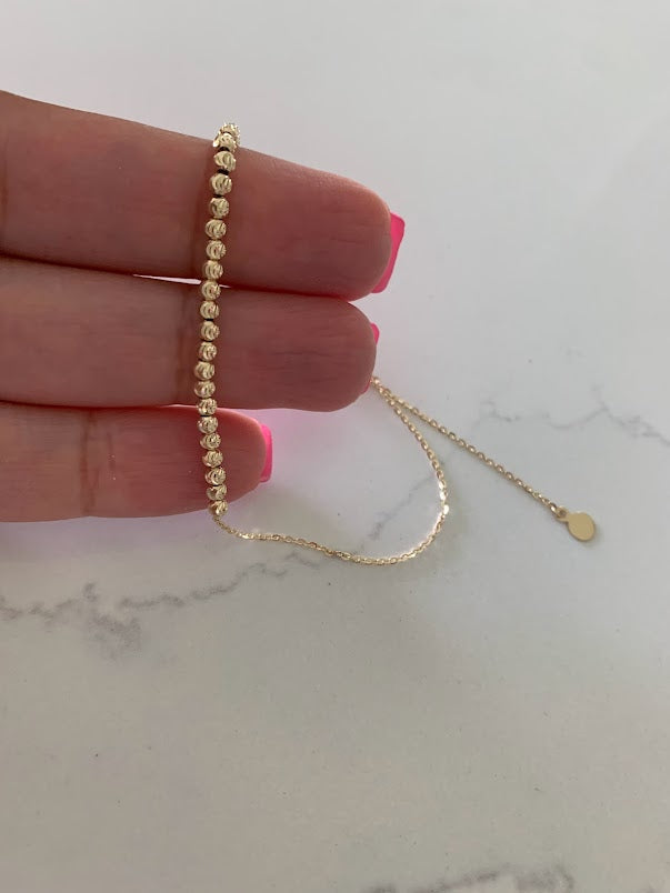 14K 2MM Beaded Bracelet, Diamond Cut Beads, adjustable