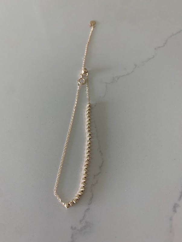 14K 2MM Beaded Bracelet, Diamond Cut Beads, adjustable