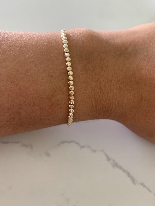14K 2MM Beaded Bracelet, Diamond Cut Beads, adjustable