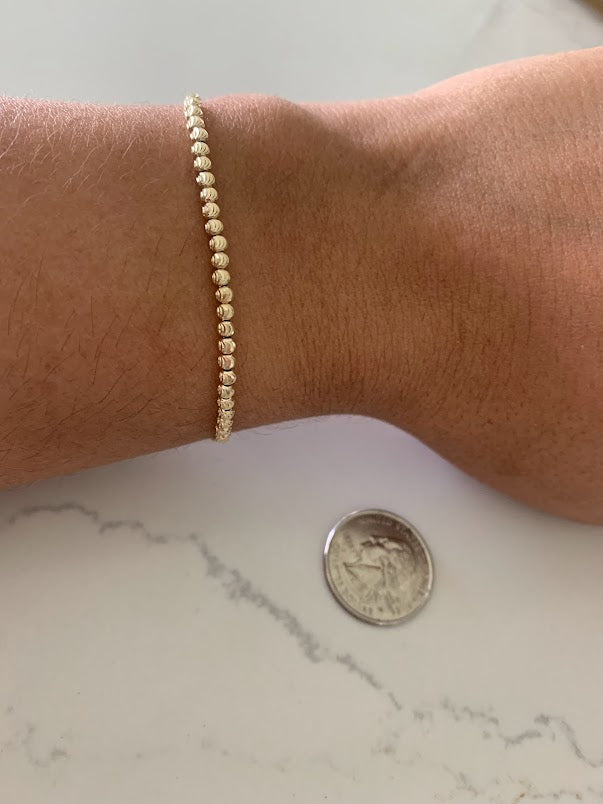 14K 2MM Beaded Bracelet, Diamond Cut Beads, adjustable