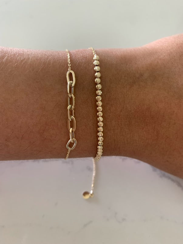 14K Yellow Gold Bracelet Trio: Paperclip Link Bracelet, 14K Rosary Bracelet, 14K Beaded Bracelet