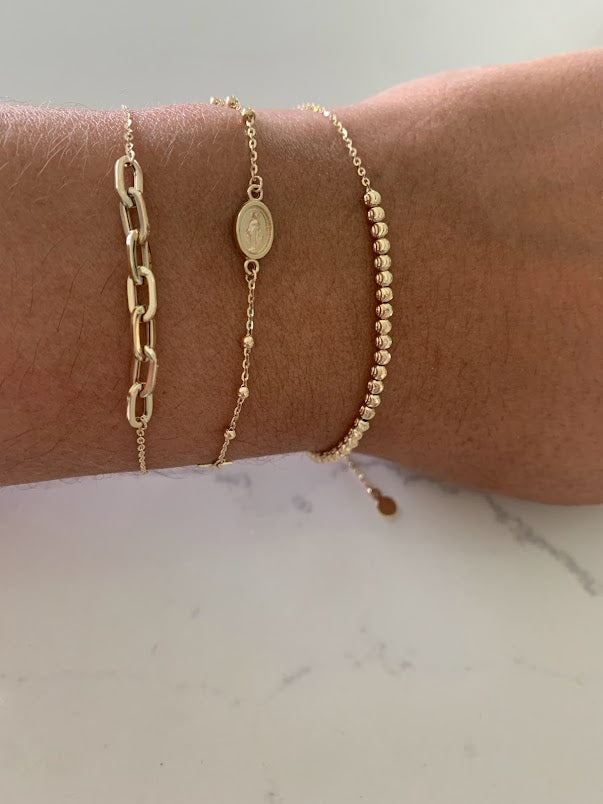 14K Yellow Gold Bracelet Trio: Paperclip Link Bracelet, 14K Rosary Bracelet, 14K Beaded Bracelet