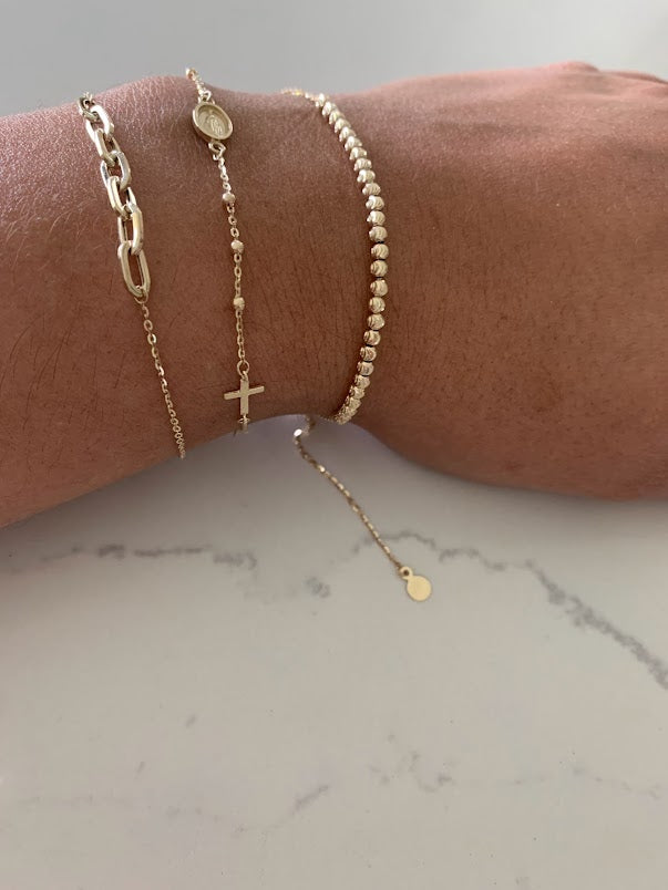 14K Yellow Gold Bracelet Trio: Paperclip Link Bracelet, 14K Rosary Bracelet, 14K Beaded Bracelet