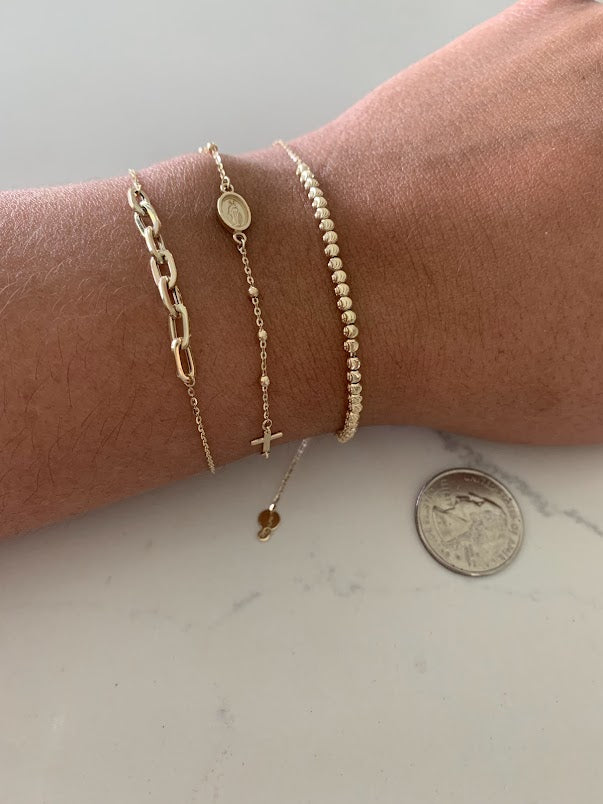 14K Yellow Gold Bracelet Trio: Paperclip Link Bracelet, 14K Rosary Bracelet, 14K Beaded Bracelet