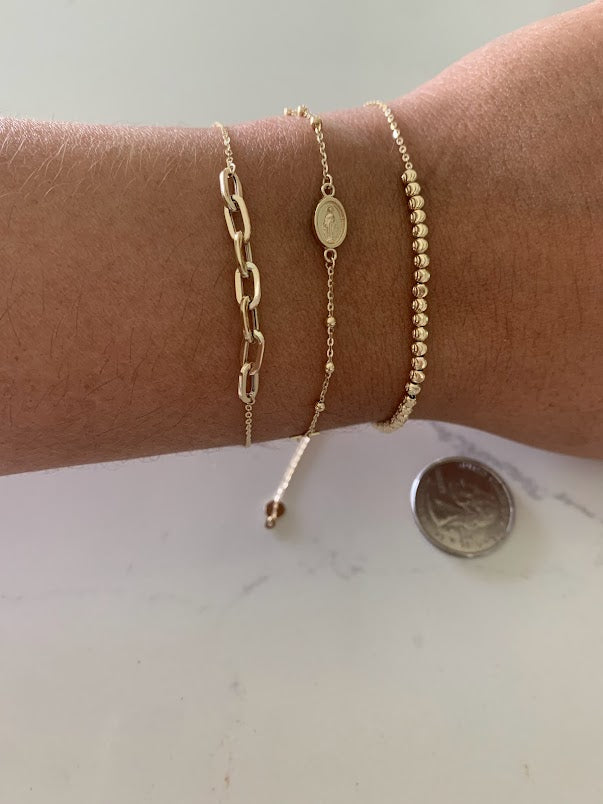 14K Yellow Gold Bracelet Trio: Paperclip Link Bracelet, 14K Rosary Bracelet, 14K Beaded Bracelet