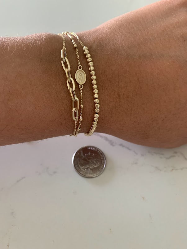 14K Yellow Gold Bracelet Trio: Paperclip Link Bracelet, 14K Rosary Bracelet, 14K Beaded Bracelet