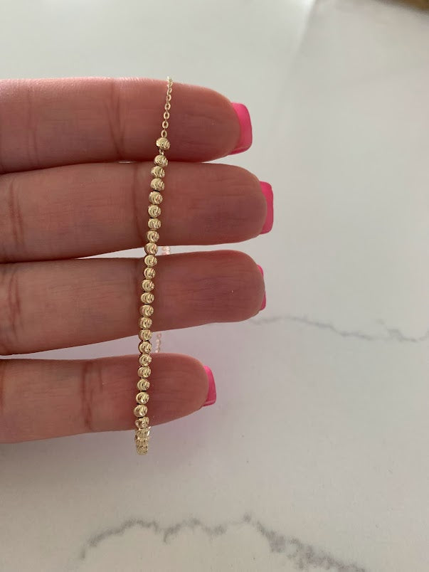 14K 2MM Beaded Bracelet, Diamond Cut Beads, adjustable
