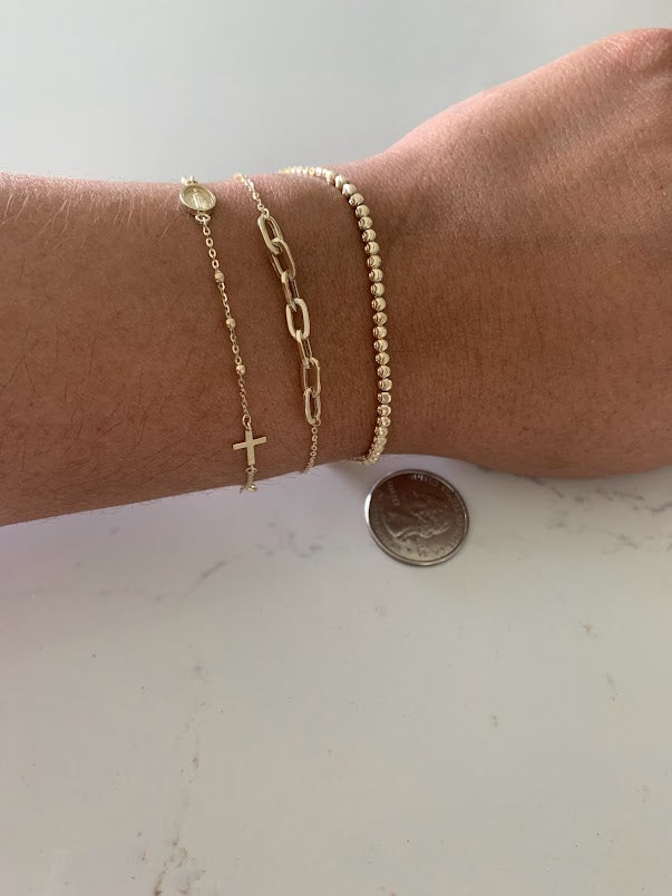 14K Yellow Gold Bracelet Trio: Paperclip Link Bracelet, 14K Rosary Bracelet, 14K Beaded Bracelet