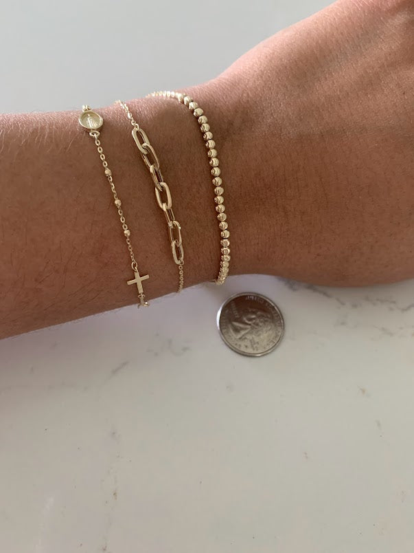 14K Yellow Gold Bracelet Trio: Paperclip Link Bracelet, 14K Rosary Bracelet, 14K Beaded Bracelet