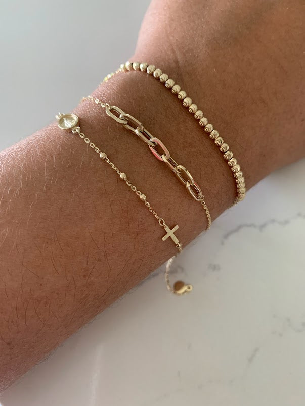 14K Yellow Gold Bracelet Trio: Paperclip Link Bracelet, 14K Rosary Bracelet, 14K Beaded Bracelet