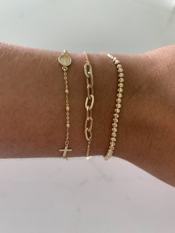 14K Yellow Gold Bracelet Trio: Paperclip Link Bracelet, 14K Rosary Bracelet, 14K Beaded Bracelet