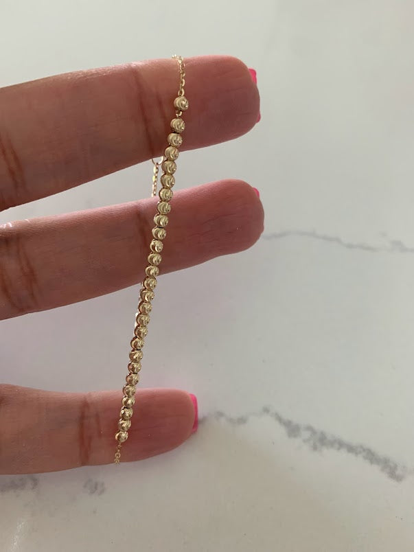 14K 2MM Beaded Bracelet, Diamond Cut Beads, adjustable