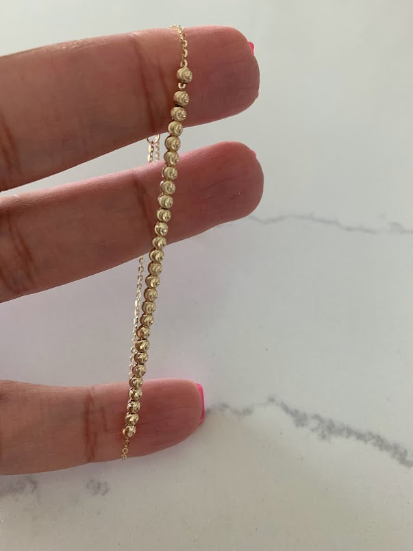 14K 2MM Beaded Bracelet, Diamond Cut Beads, adjustable