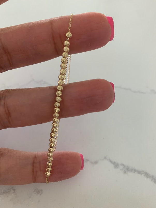 14K 2MM Beaded Bracelet, Diamond Cut Beads, adjustable