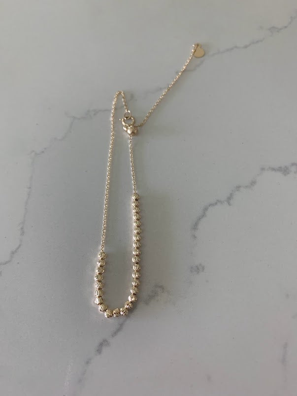 14K 2MM Beaded Bracelet, Diamond Cut Beads, adjustable
