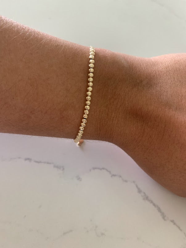 14K 2MM Beaded Bracelet, Diamond Cut Beads, adjustable