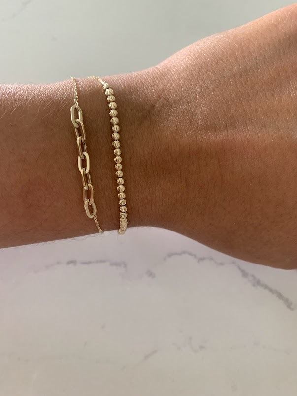 14K Yellow Gold Bracelet Trio: Paperclip Link Bracelet, 14K Rosary Bracelet, 14K Beaded Bracelet