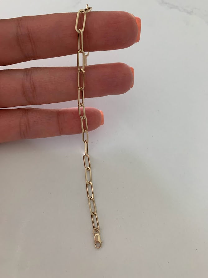 14k Solid Gold Paperclip Link Bracelet | Rectangular Link Chain Bracelet | Everyday Staple Bracelet
